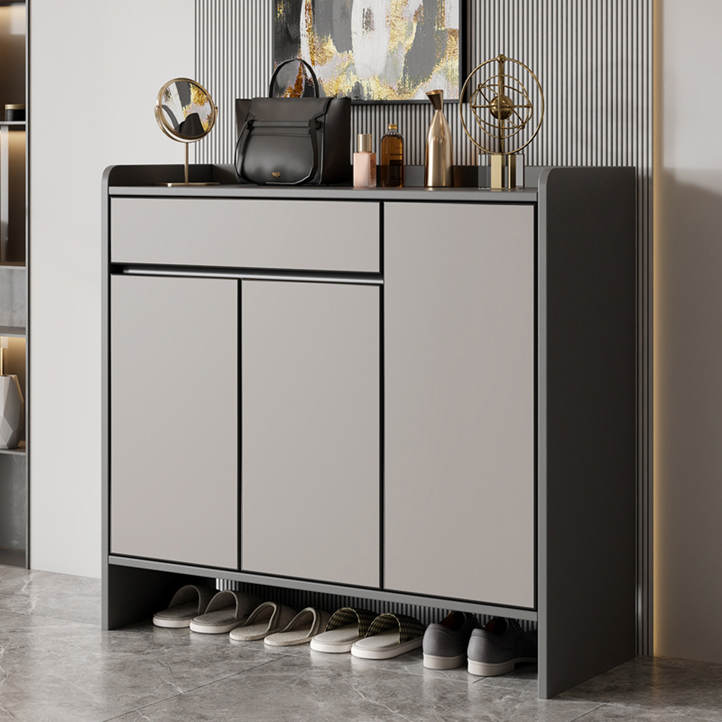 现代简约铝合金鞋柜家用门口大容量储物收纳柜对开门入户柜玄关柜