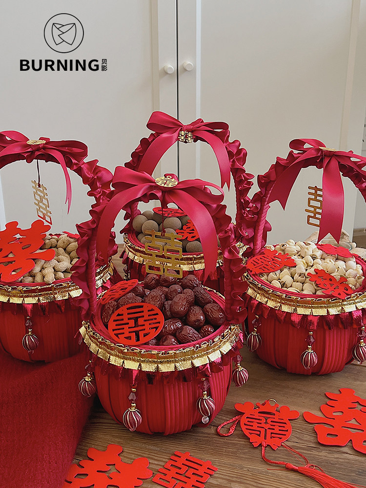 贝影原创春节手工编织花篮早生贵子手提篮礼品礼物新年篮婚房摆件