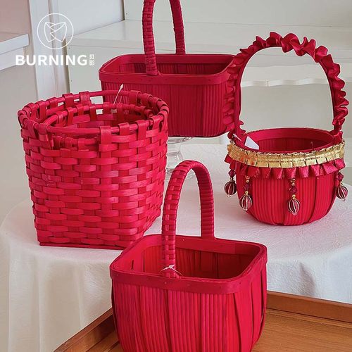 贝影 中国风喜庆红色花篮婚礼新年木条编织手提花篮鲜花礼品篮子