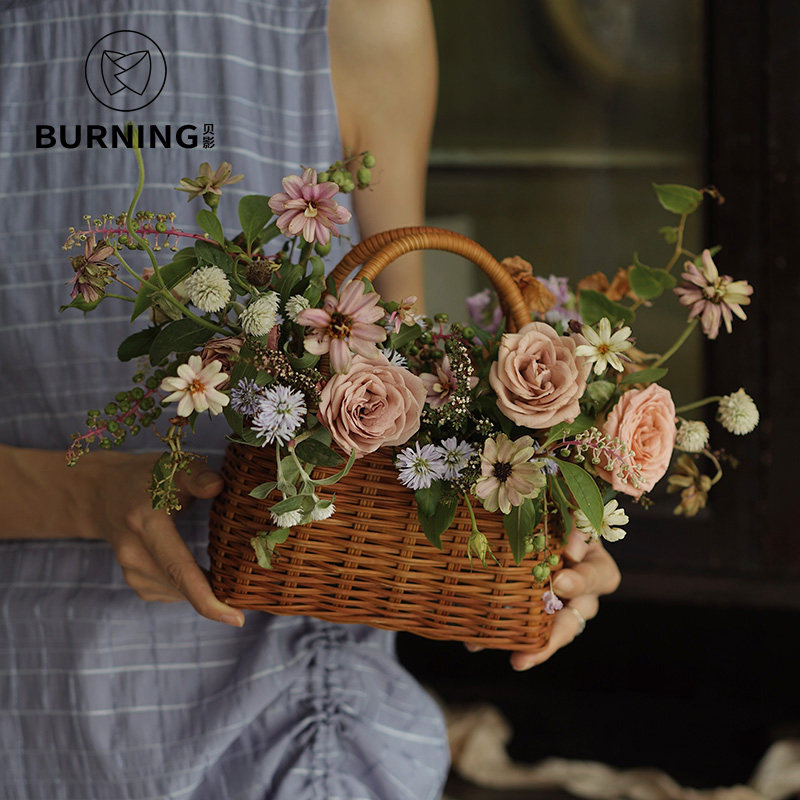 贝影 复古芒编双提手防水花篮鲜花提篮绿植多肉容器
