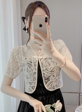 蕾丝小披肩女夏季2024新款新中式盘扣钩花镂空短袖防晒开衫小外套