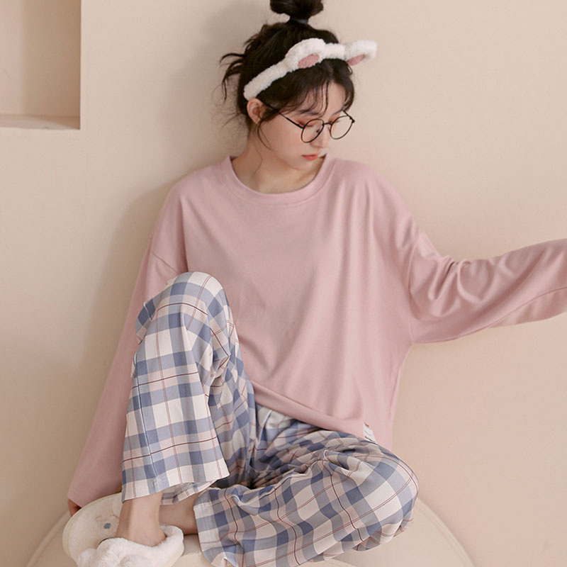 粉红色睡衣女春秋薄款家居服
