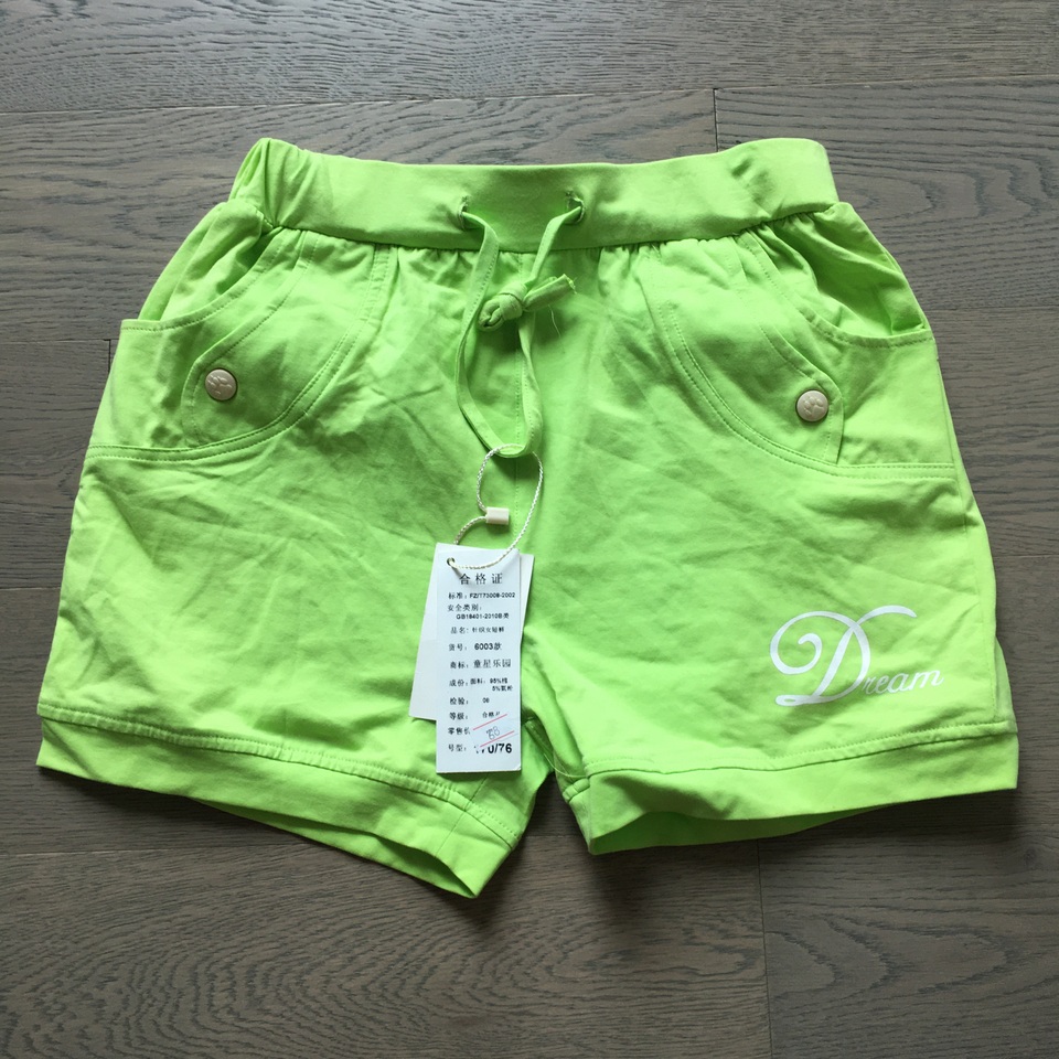 内销品牌 果绿色舒适棉弹松紧腰抽带系带休闲运动短裤 小码 大童