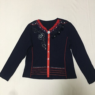 T恤 饰长袖 柔软垂感舒适 套头V领深蓝色钻饰毛毛装 样衣无标