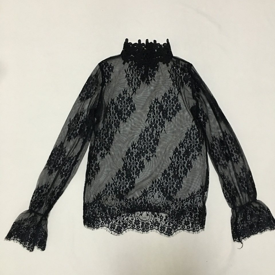 样衣无标 黑色网纱蕾丝透视长袖高领T恤 百搭打底衫