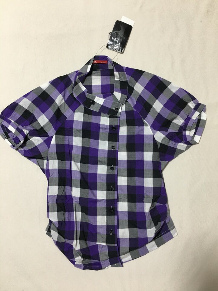 专柜正品 紫色格子格纹设计感纯棉衬衫 小立圆领休闲帅气气质优雅