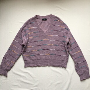 15绵羊毛混纺 紫色气质彩色横条纹V领长袖短款针织衫薄款毛衣