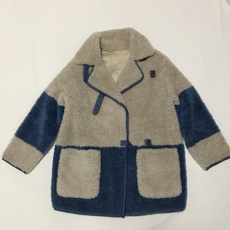 百分百羊毛颗粒 卡其色蓝色撞色拼色翻领中长款直筒毛呢休闲外套