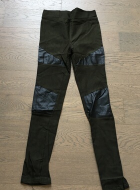 外贸原单 样衣无标 深绿色弹力PU摇滚拼接甜酷紧身打底裤legging