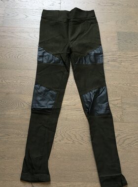 外贸原单 样衣无标 深绿色弹力PU摇滚拼接甜酷紧身打底裤legging
