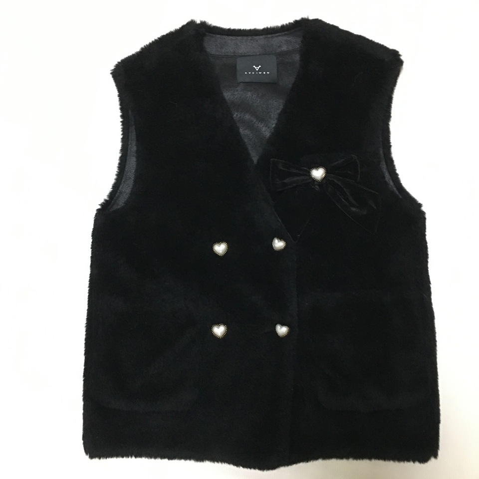 百分百绵羊毛 超厚实黑色抹袖无袖双排扣马甲 精致优雅蝴蝶结保暖