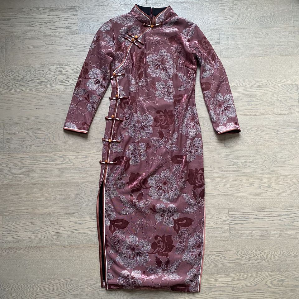 样衣无标 紫红色印花经典国风新中式小立领盘扣柔美加绒长款旗袍