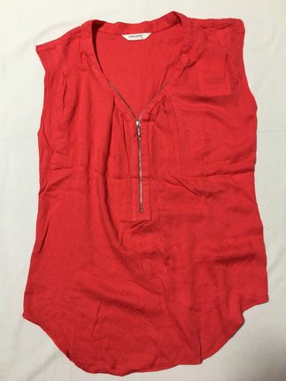 外贸原单 法国品牌N*AF橘红色人棉抹袖拉链装饰宽松休闲T恤 气质