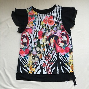 吊牌价1880元 商场贵牌拼接雪纺小飞袖圆领印花T恤