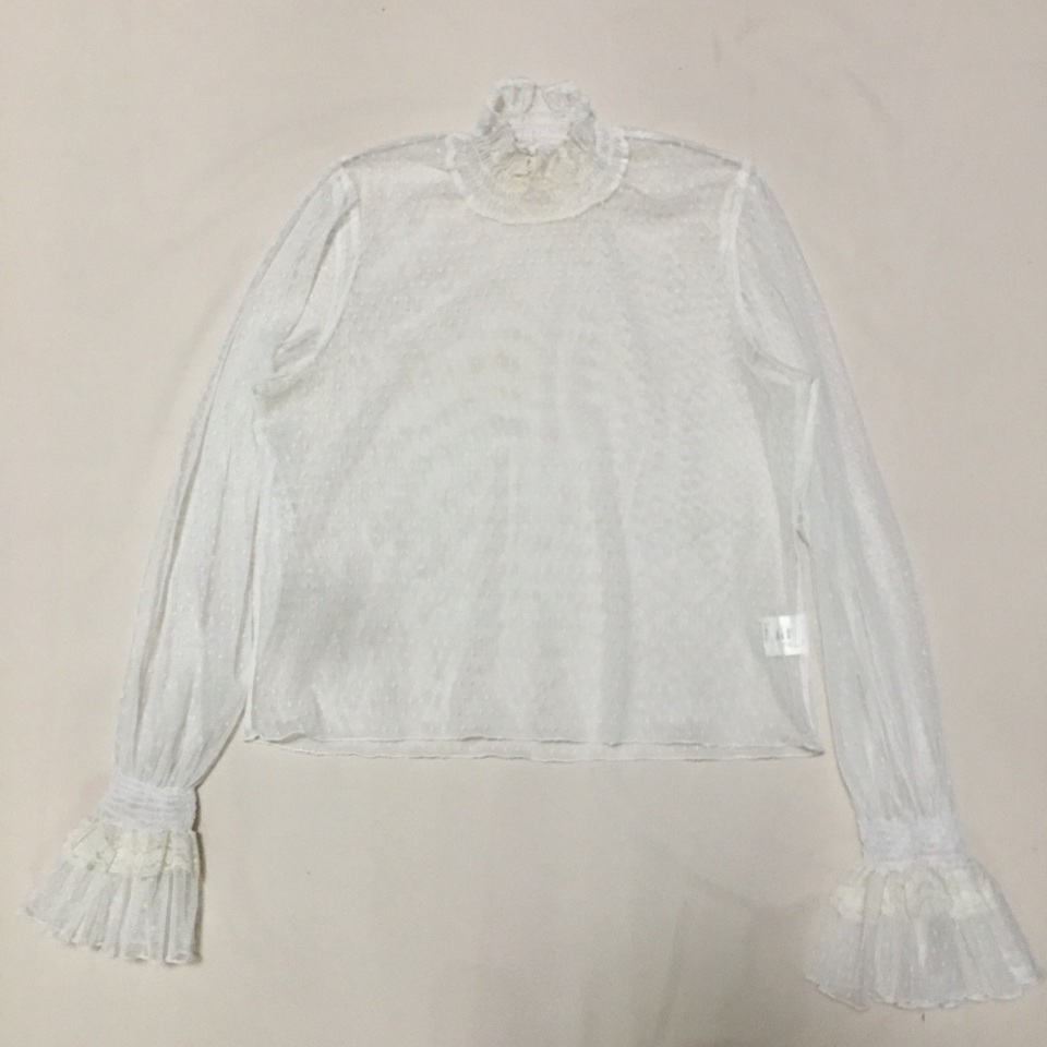 样衣无标 米白色网纱蕾丝全透视小高领喇叭长袖打底衫
