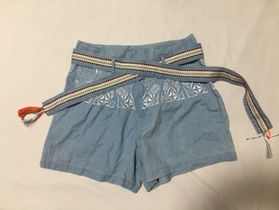 专柜正品 韩国品牌 绣花刺绣高腰牛仔纯棉短裤  配流苏串珠腰带