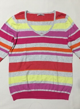 外贸原单 S*ela甜美可爱彩色彩虹条纹V领长袖纯棉针织衫 休闲百搭