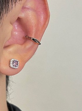 S925纯银炫闪紫钻满钻耳钉男女潮HIPHOP嘻哈潮流高级感耳饰