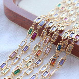 18k包金保色炫彩平底长方形锆石链条手工diy手链项链材料散链配件