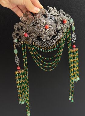 古风汉服重工镂空额冠花朵头饰垂坠绿珠链流苏发饰国风新款