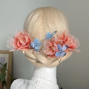 原创设计纯手工制作古风梦幻渐变粉色花朵汉服头饰发夹妆造烫花夹