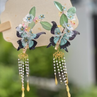 2025春季新款古风发夹手工制作绿色蝴蝶流苏妆造汉服头饰原创设计