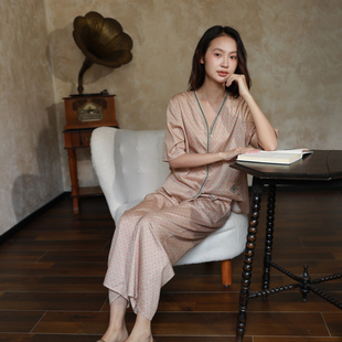 朵朵可可睡衣女2026春夏纯棉贡缎印花月牙花边短袖 家居服 七分裤