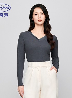 安莉芳秋冬螺纹薄款暖肤衣女士长袖v领显瘦秋衣打底上衣ED00429