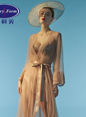 安莉芳高端网纱蕾丝朦胧性感长袖系带家居裙女士情趣睡袍EL00454