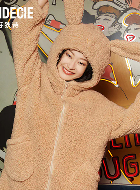 芬狄诗22年秋冬季厚款羊羔绒保暖连帽可爱兔耳朵女士睡袍FL00339