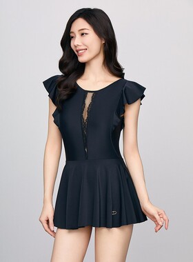 安莉芳黑色网纱蕾丝性感显瘦裙式遮肉度假女士连体游泳装ES00215