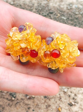 【黄晶辞岁】黄水晶A货多色石头耳环耳夹戒指高级时尚气质鹭青一