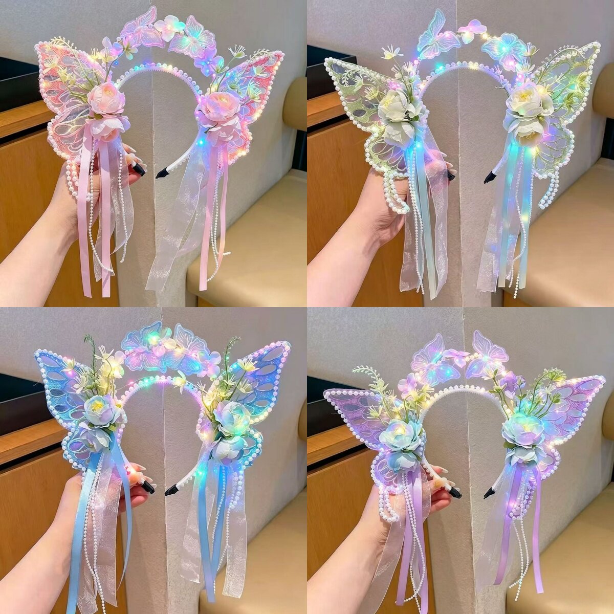 发光蝴蝶发箍超仙森系儿童头饰女童汉服古风头箍带灯珍珠飘带发饰