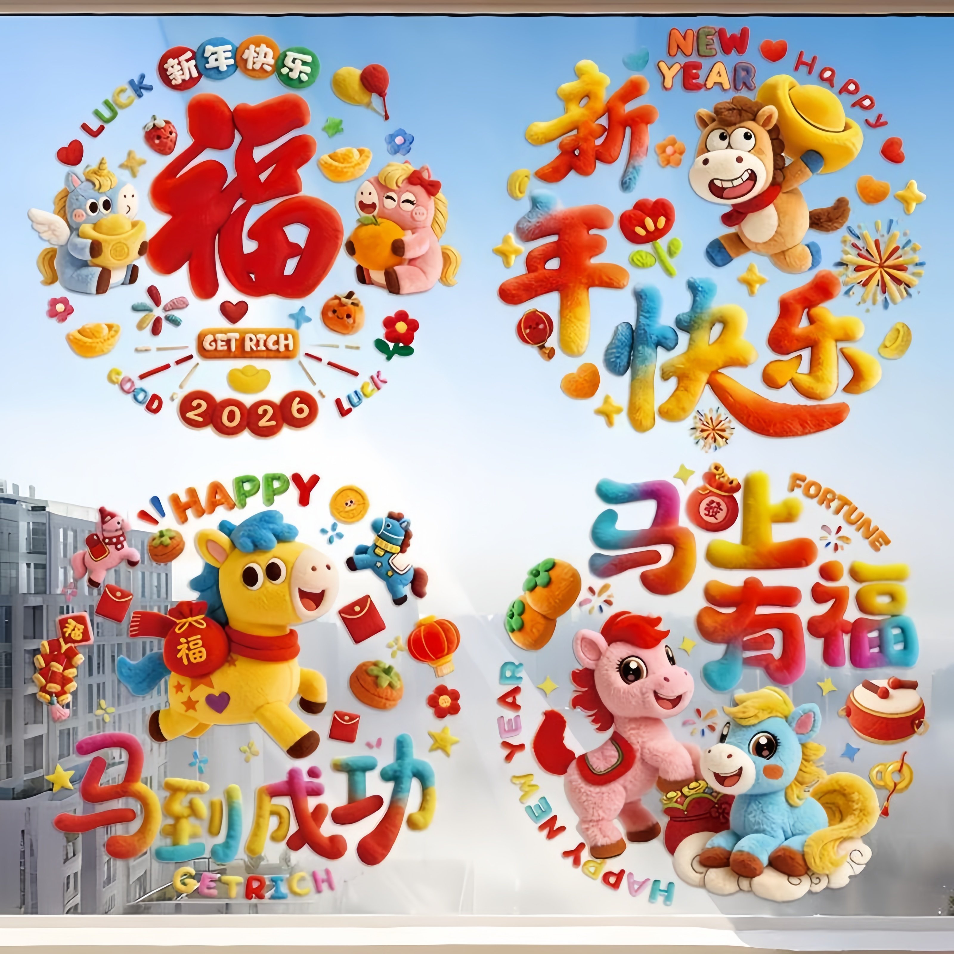 网红2026马年元旦可爱5D毛绒整张静电贴春节玻璃门窗贴过年橱窗贴,节庆用品/礼品,福字/窗花/窗贴,淘宝优惠券,粉丝福利购,淘宝优惠卷