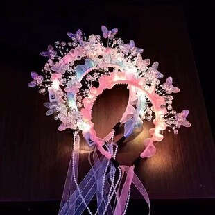 发光蝴蝶发箍珍珠飘带头饰演唱会应援儿童夜市摆地摊玩具拍照道具