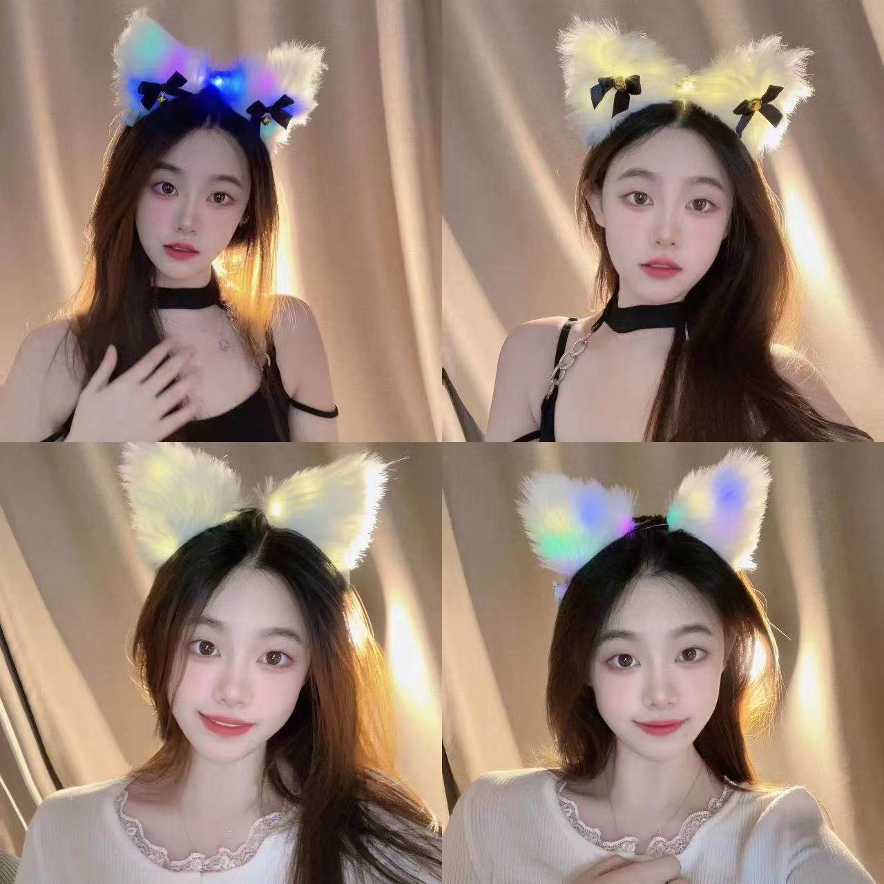 发光狐狸猫耳朵发箍带铃铛毛绒头饰演唱会酒吧气氛表演道具摆地摊