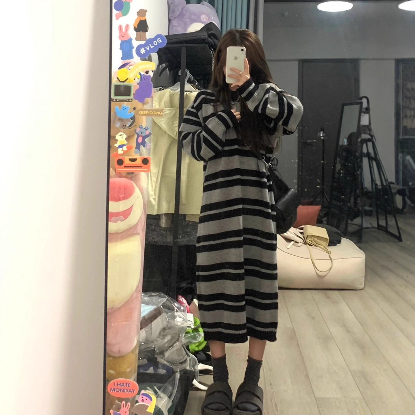 慵懒风条纹毛衣针织连衣