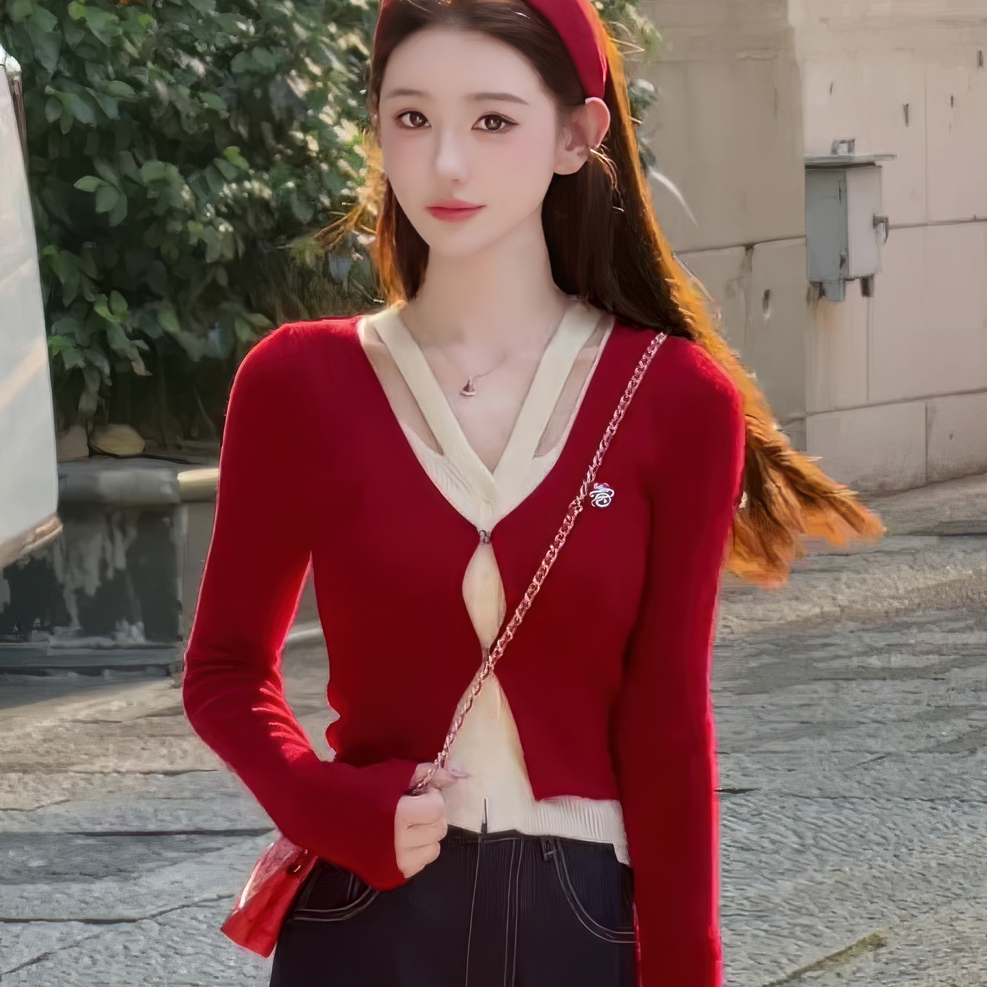 假两件红色针织衫女韩系早秋装氛围感穿搭辣妹独特巨好看绝美上衣