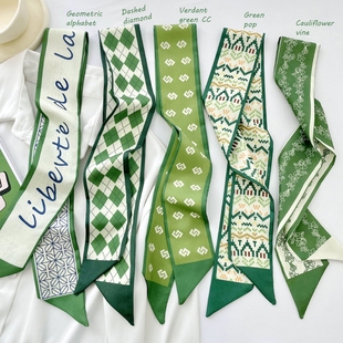 fadai丝巾女2025新款 冬绿色小丝巾波点长条丝发带飘波点系脖绑包