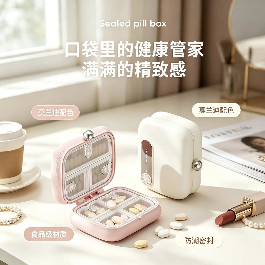 食品级便携七天提醒密封药盒