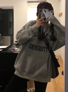 灰色连帽卫衣女2023秋冬新款宽松加绒加厚设计感小众复古港风chic