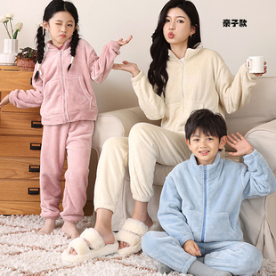 加厚珊瑚绒 加绒睡衣秋冬暖暖家居服新款 儿童法兰绒睡衣套装 亲子款
