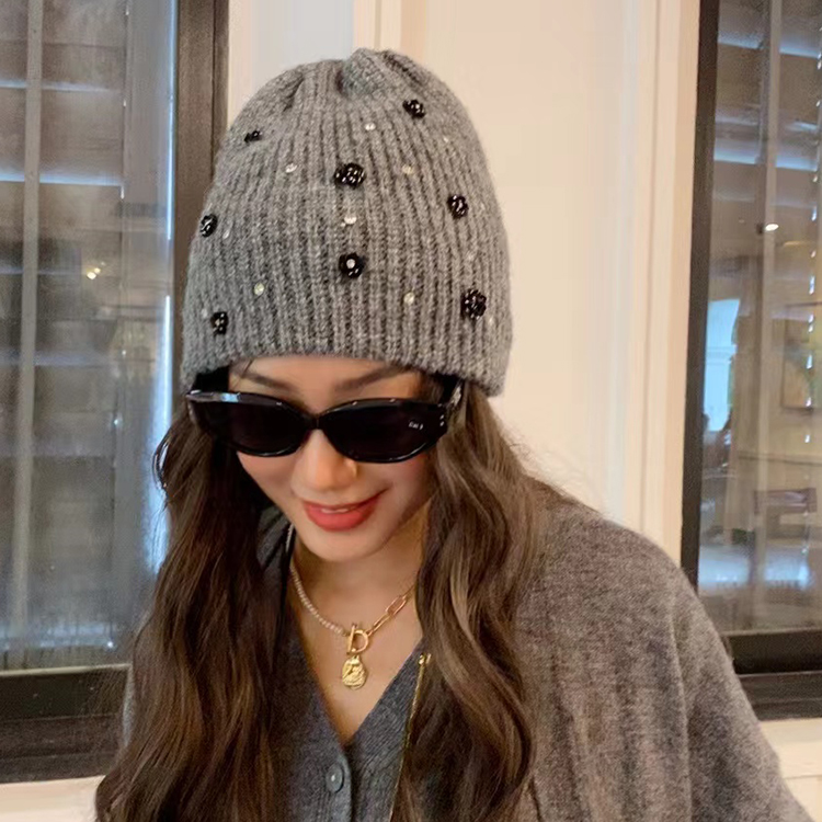 BXLS.进口甜美钉珠羊毛秋冬毛线帽冬季包头帽百搭针织帽子女韩版