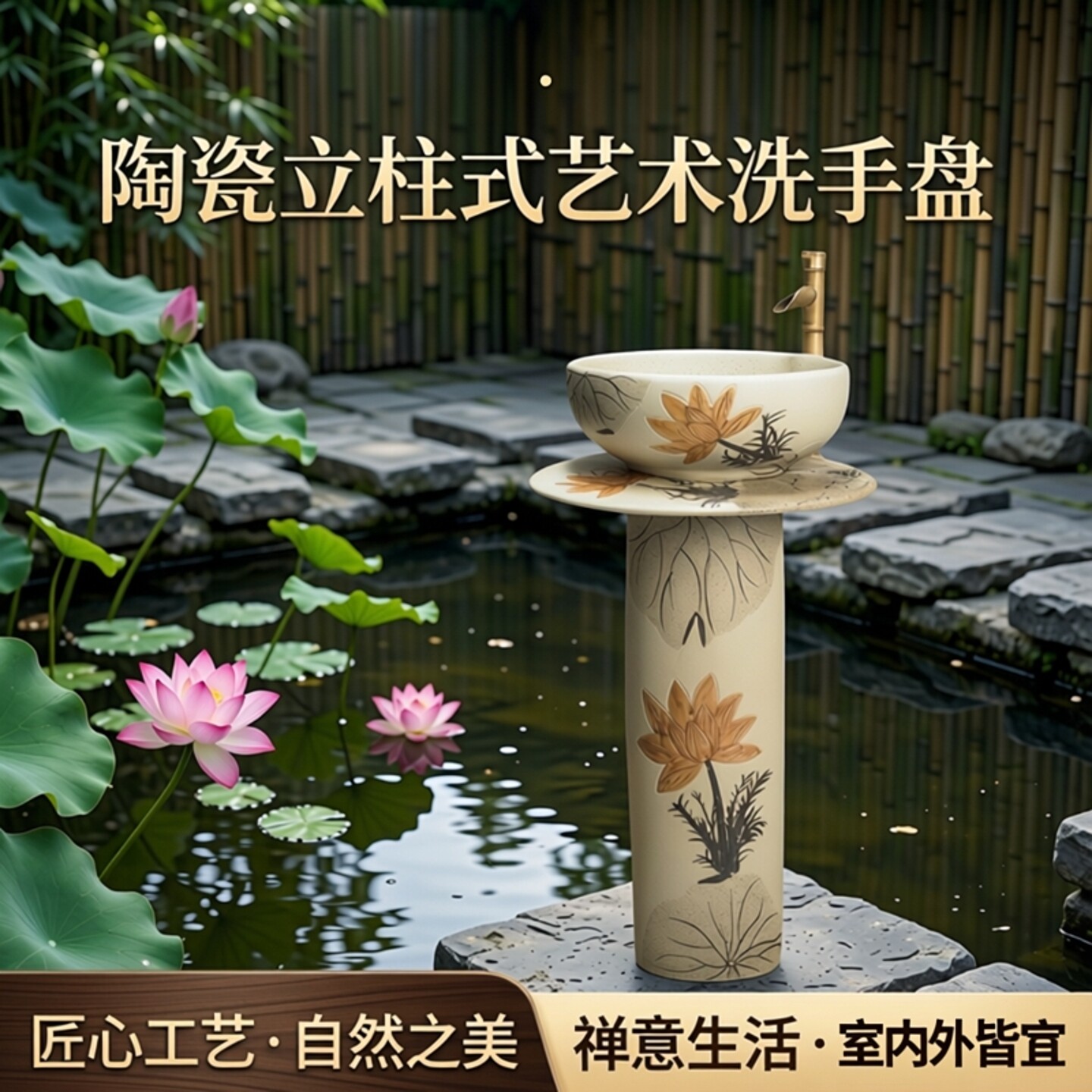 陶瓷立柱式洗脸盆复古艺术台盆室外立柱盆一体落地式卫生间洗手盆