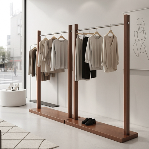原木风服装店中间落地式展示架胡桃色女装店木质落地衣架中岛货架