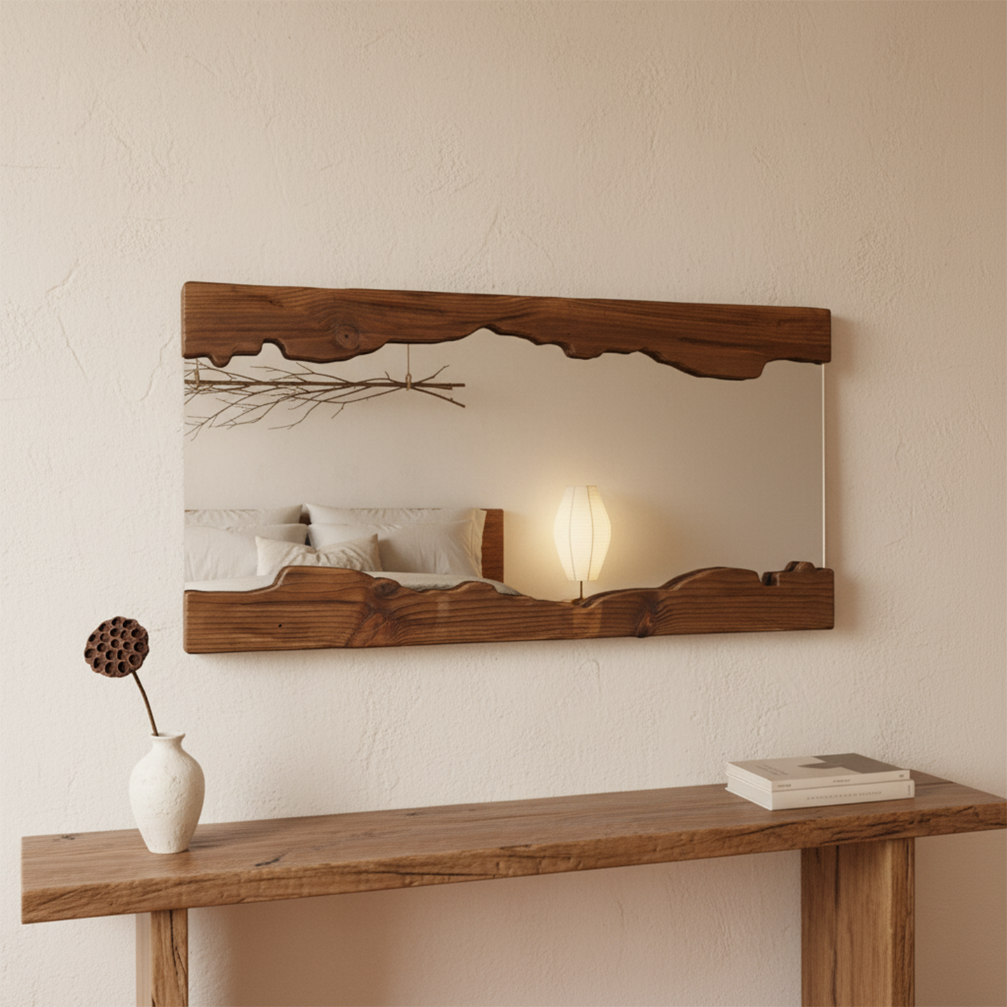 原实木质挂壁化梳妆镜中复古侘寂风服装店创意家用酒店民宿洗手间