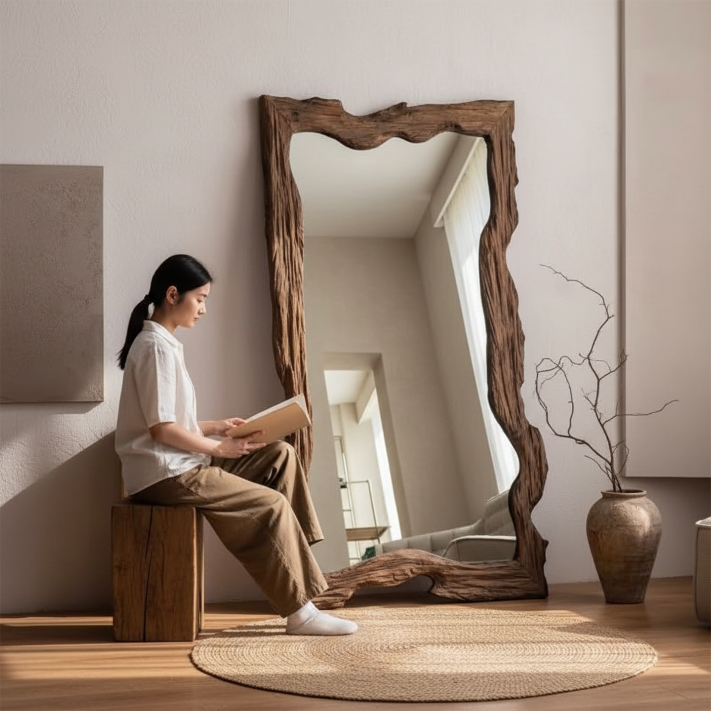 复古实木穿衣镜落地镜子衣帽间全身镜服装婚纱酒店民宿侘寂装饰镜