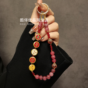 新年喜庆中国风五路财神串珠手提链手腕挂绳手机壳汽车钥匙扣挂件