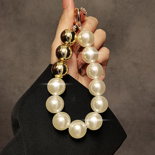 个性创意金色珍珠手提链条手腕短挂绳带夹片手机壳钥匙扣包包挂件