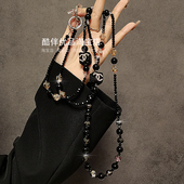 奢华高级感小香风黑水晶串珠长斜挎挂绳链条手机壳包包通用挂件潮
